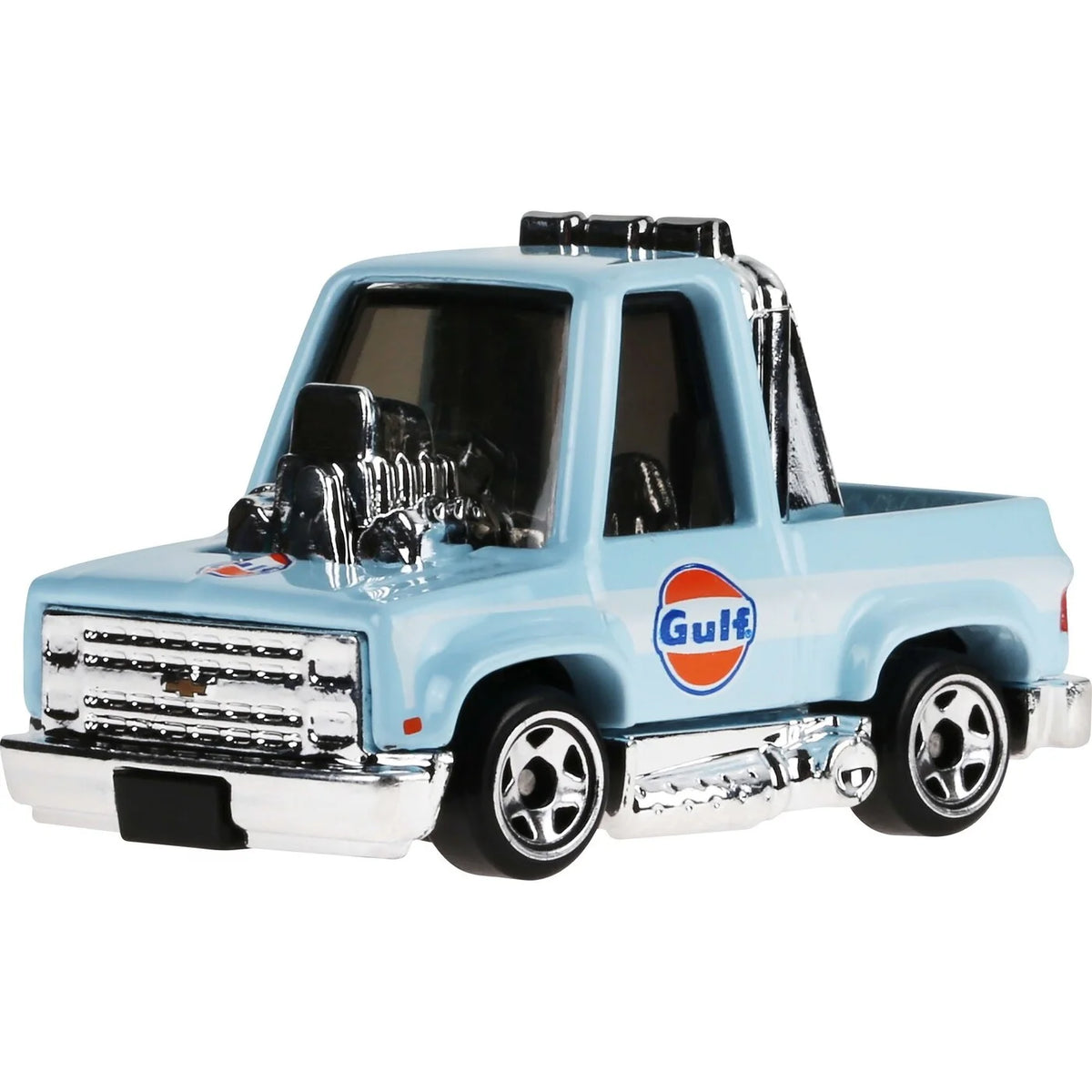 Fun and colorful Hot Wheels Tooned '83 Chevy Silverado with Gulf Series decals and detailing.
