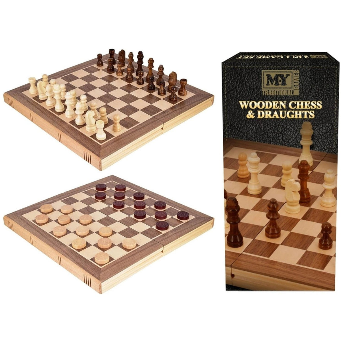 Toys at Foys - M.Y Wooden 12" Two-in-One Chess & Draughts Set packaging and board 