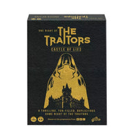One Night of The Traitors: Castle of Lies Board Game packaging (black with gold writing and illustrations) on white background 