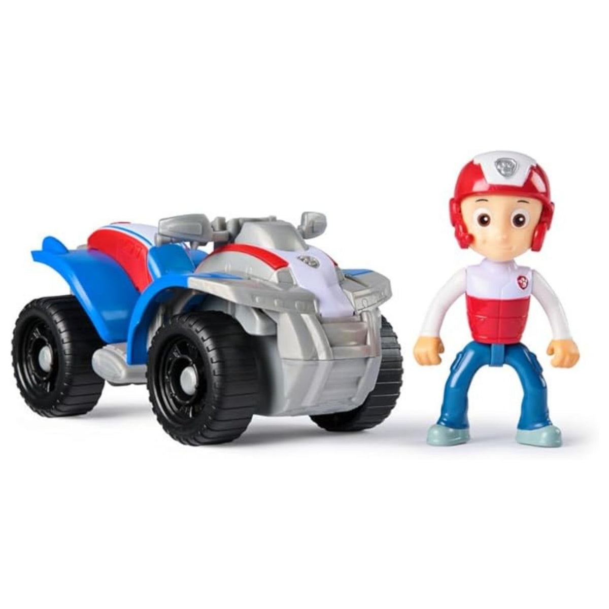 Grey vehicle with small character standing beside on white background.