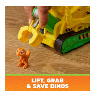 The yellow long construction vehicle is reaching out with its claw to grab the dino friend 