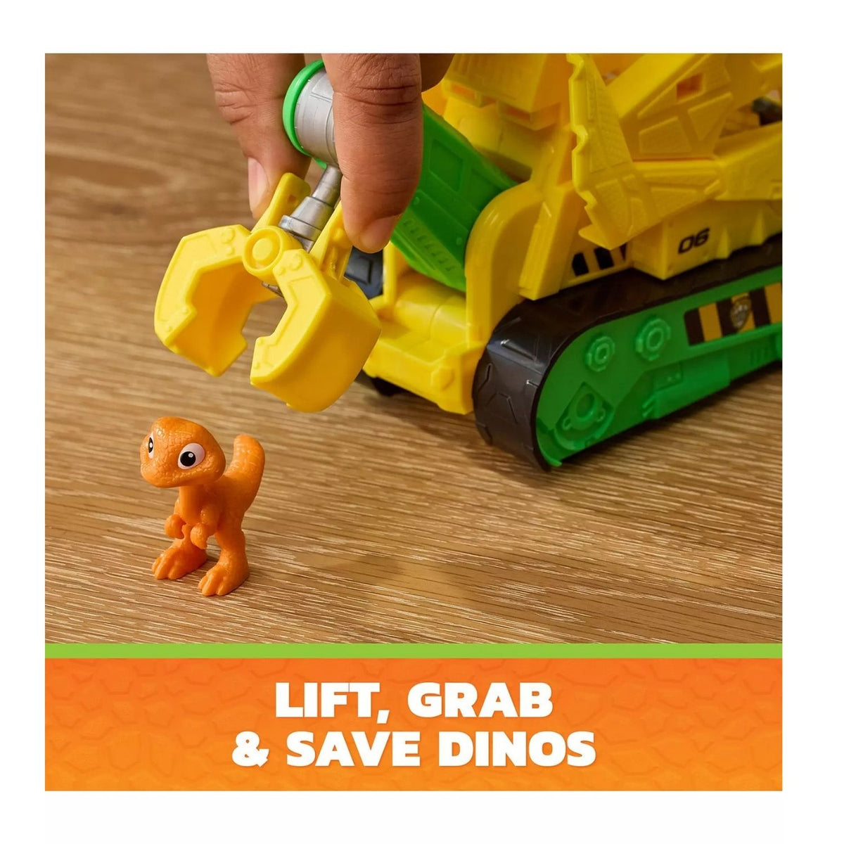 The yellow long construction vehicle is reaching out with its claw to grab the dino friend 
