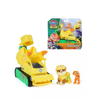 The construction vehicle and what is included as well as the retail packaging on the white background.