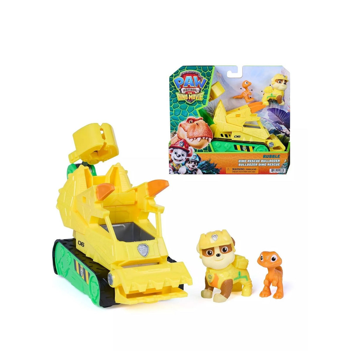 The construction vehicle and what is included as well as the retail packaging on the white background.