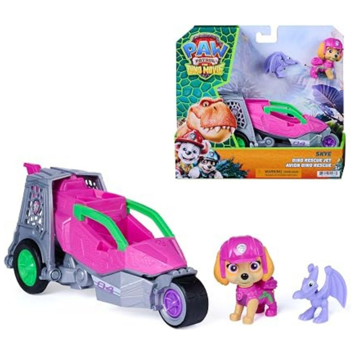 PAW Patrol The Dino Movie Skye Dino Rescue Cruiser Vehicle Figurine with white background and retail packaging