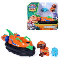 The construction vehicle and what is included as well as the retail packaging on the white background.