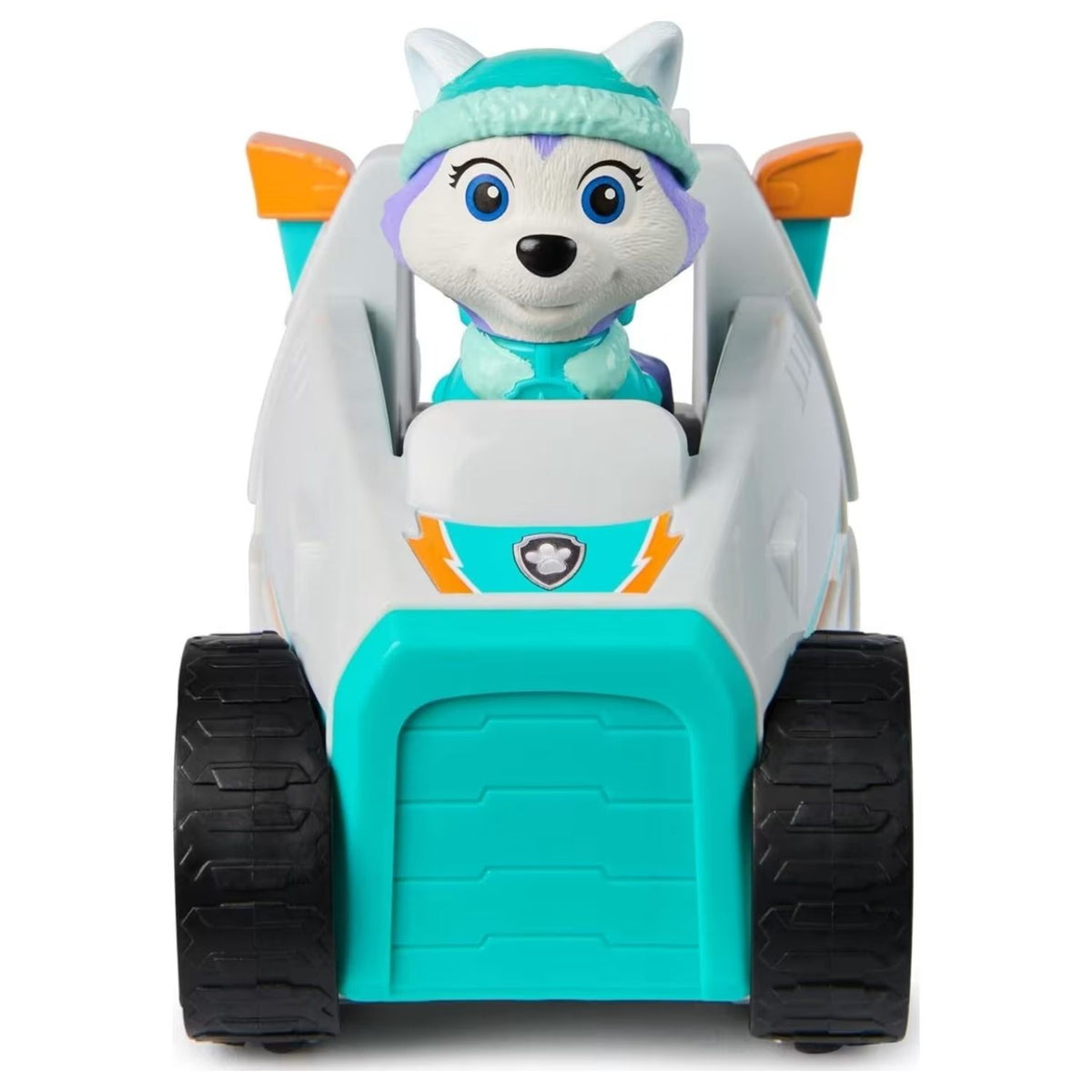 Front view of the toy snow - plow with a character sitting in on a white background.