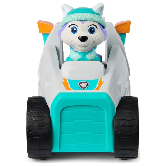 Front view of the toy snow - plow with a character sitting in on a white background.