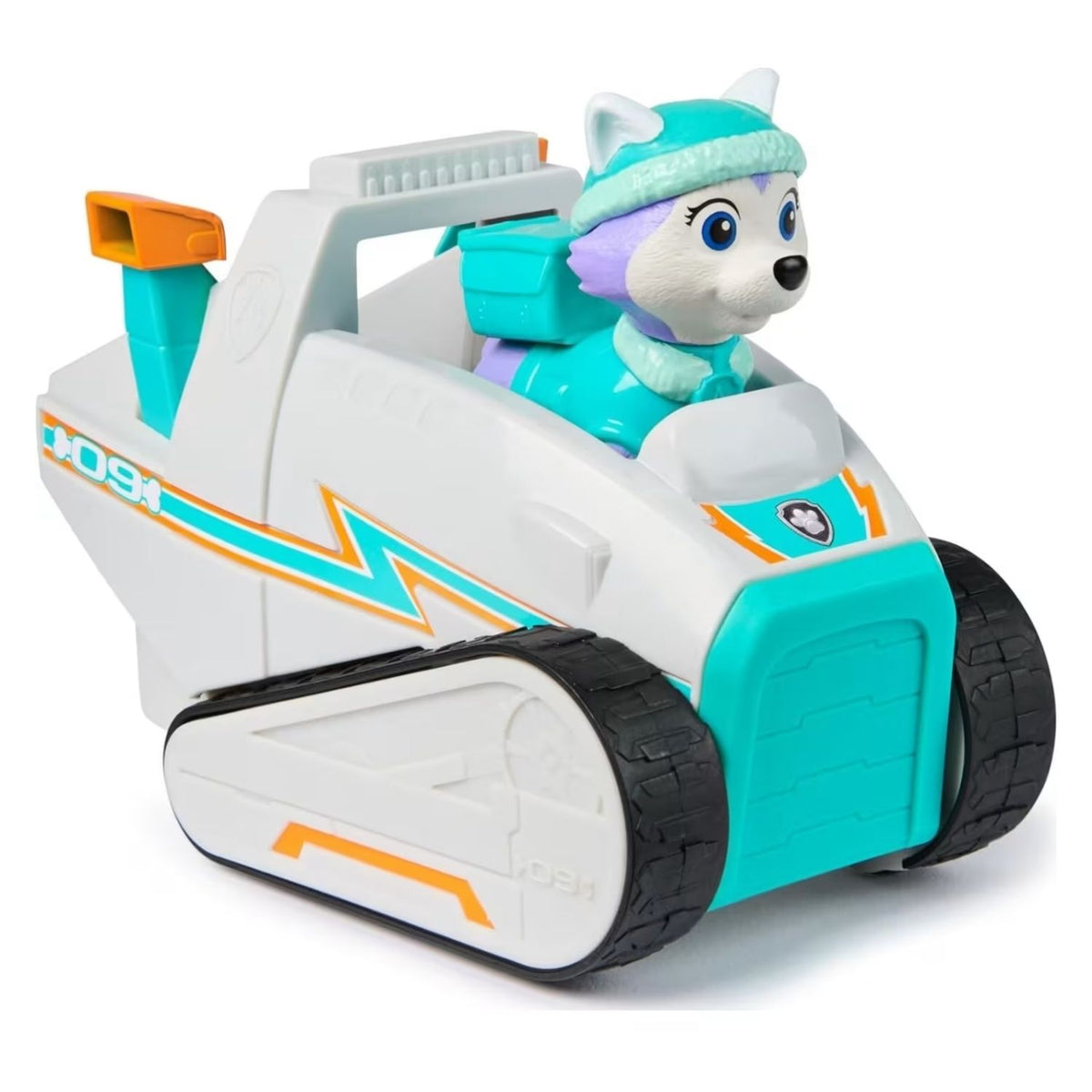 Side view of the snow plow with a character figurine sitting inside on a white background.