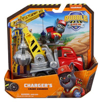 The construction vehicle in retail packaging on the white background.