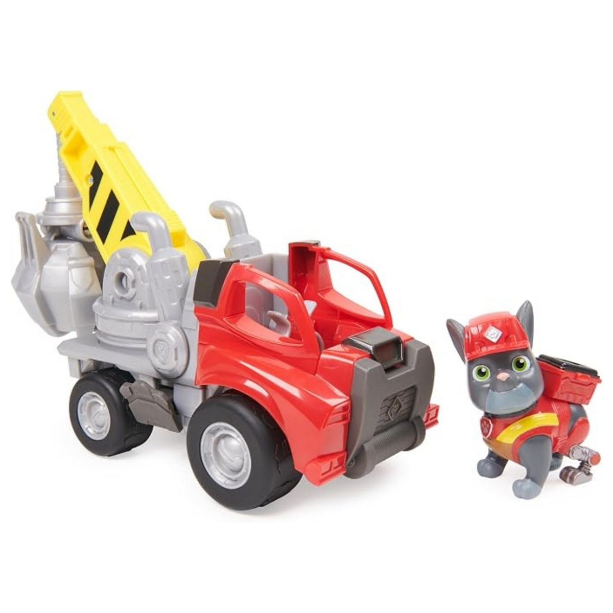 Red construction vehicle with small paw patrol character figurine against white background.