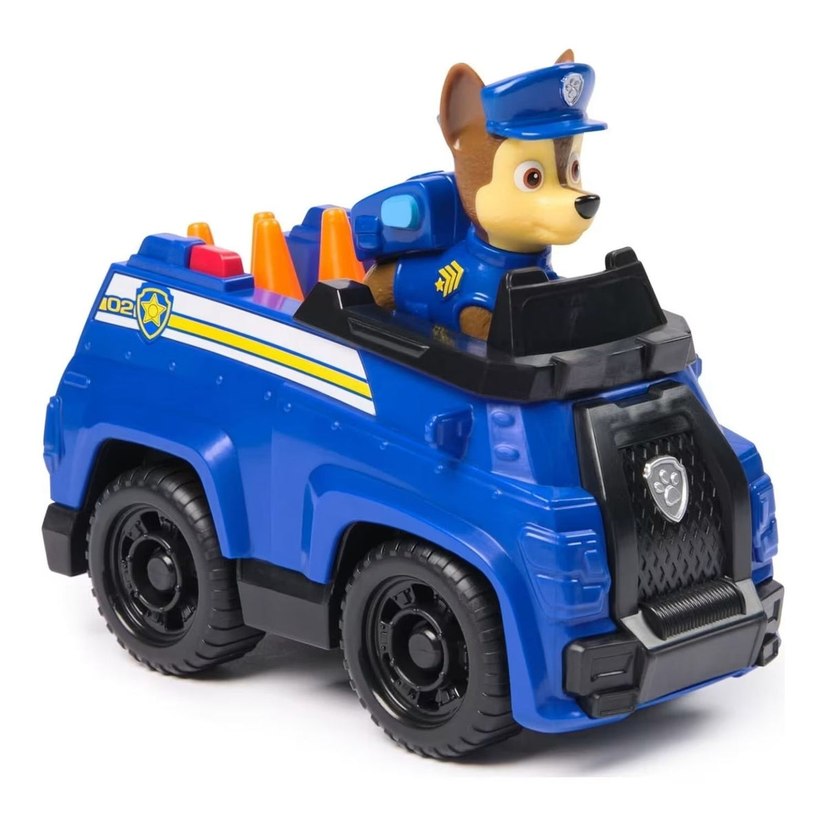 Side view of vehicle with character on top on white background.