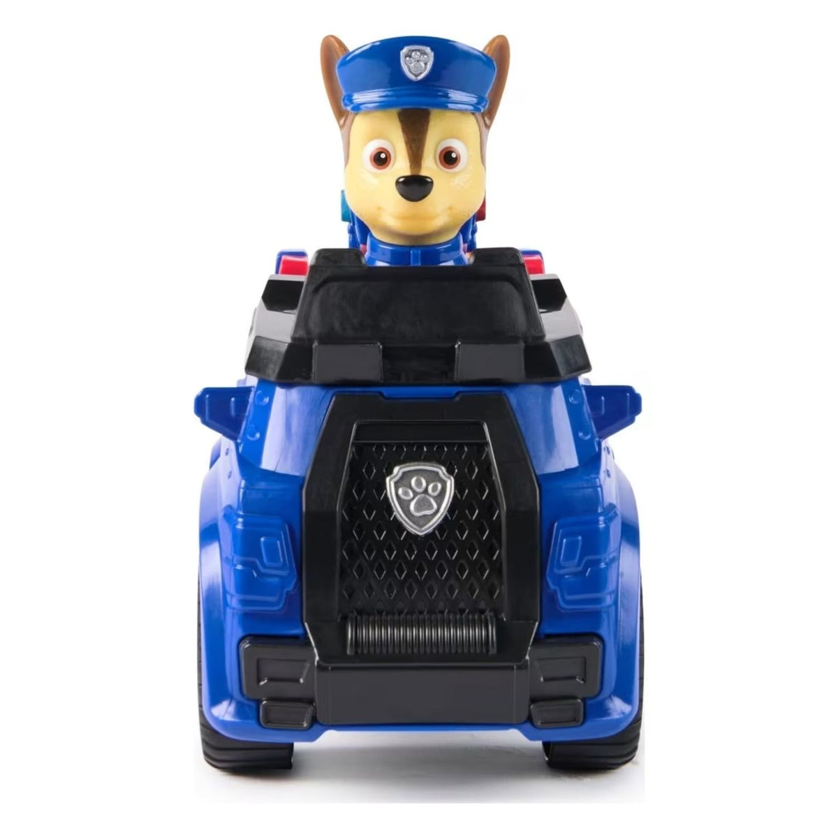 Front view of vehicle figurine with character in it on a white background.