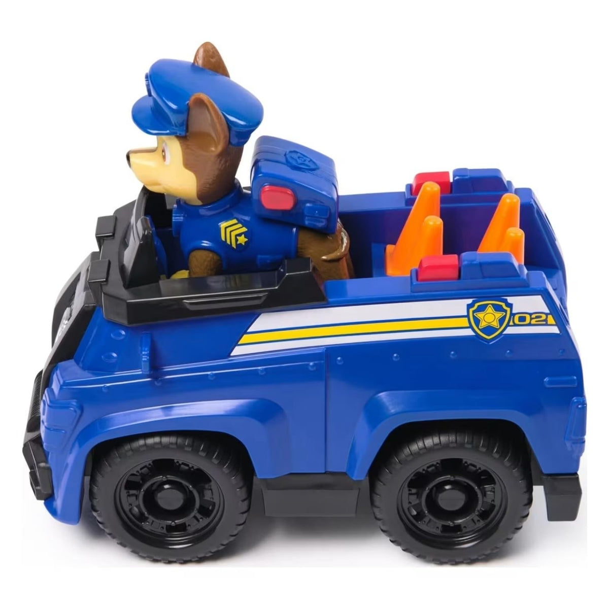 Side view of vehicle figurine with character in it on a white background.