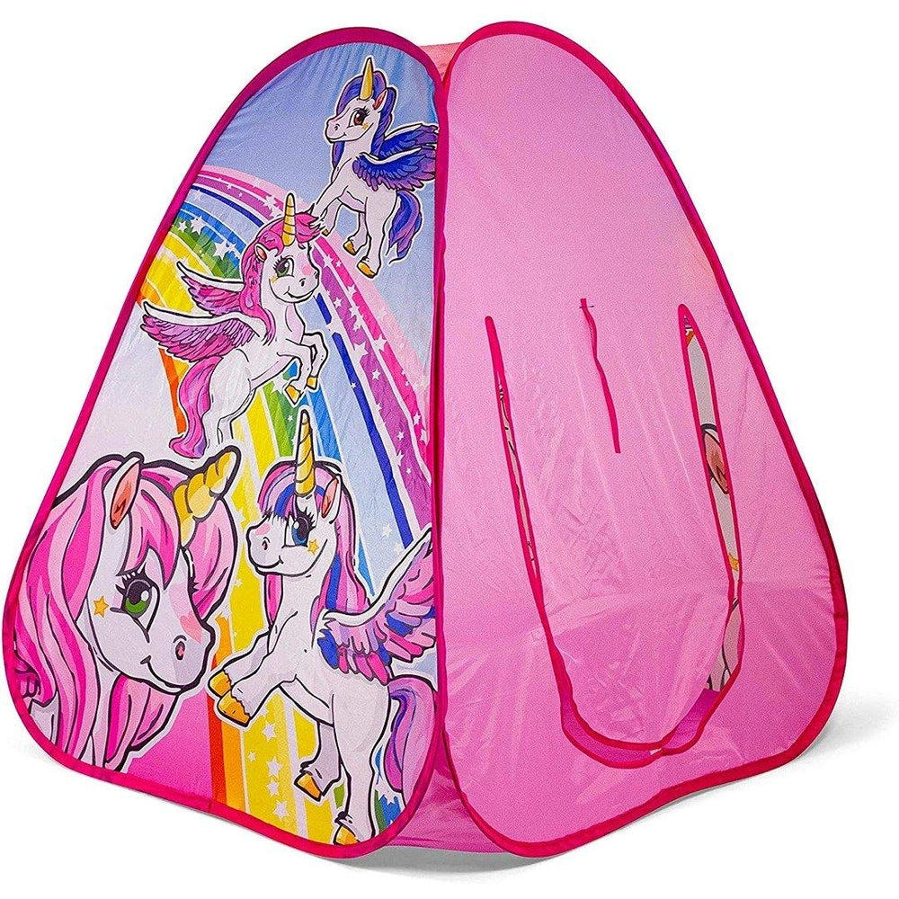 Pink Unicorn Pop Up Play Tent with colourful unicorn and rainbow print, pop-up design and mesh side panel for indoor and outdoor children's play on a white background.