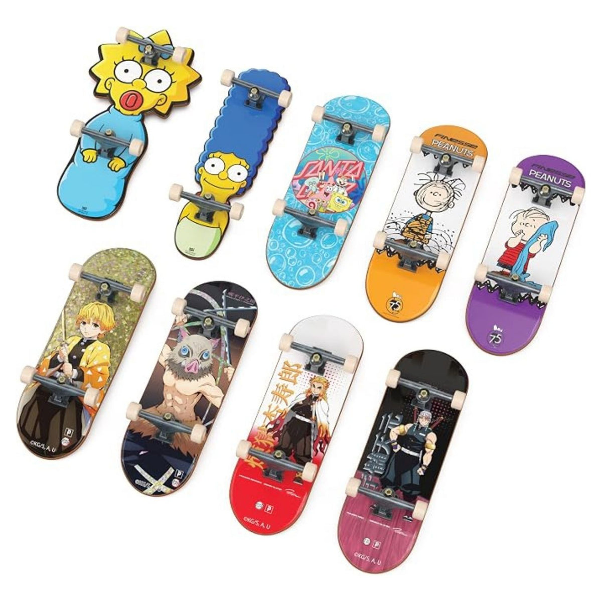 An assortment of finger skateboards with different cartoon characters against a white background.