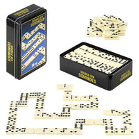 doubles six dominoes displayed in front of packaging 
