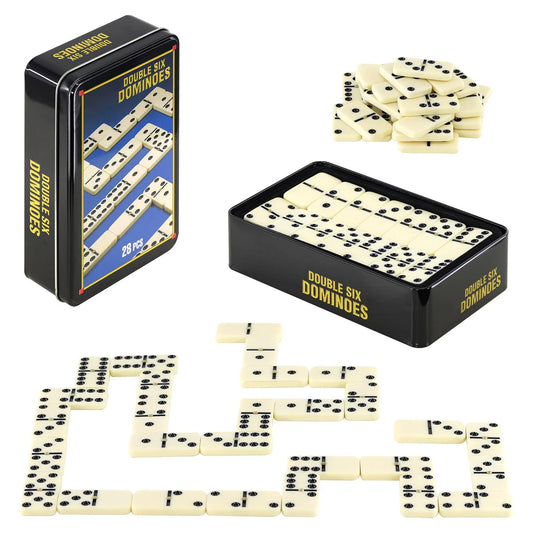 doubles six dominoes displayed in front of packaging 