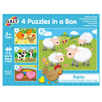 Galt 4 Puzzles in a Box with farm animals on a blue background
