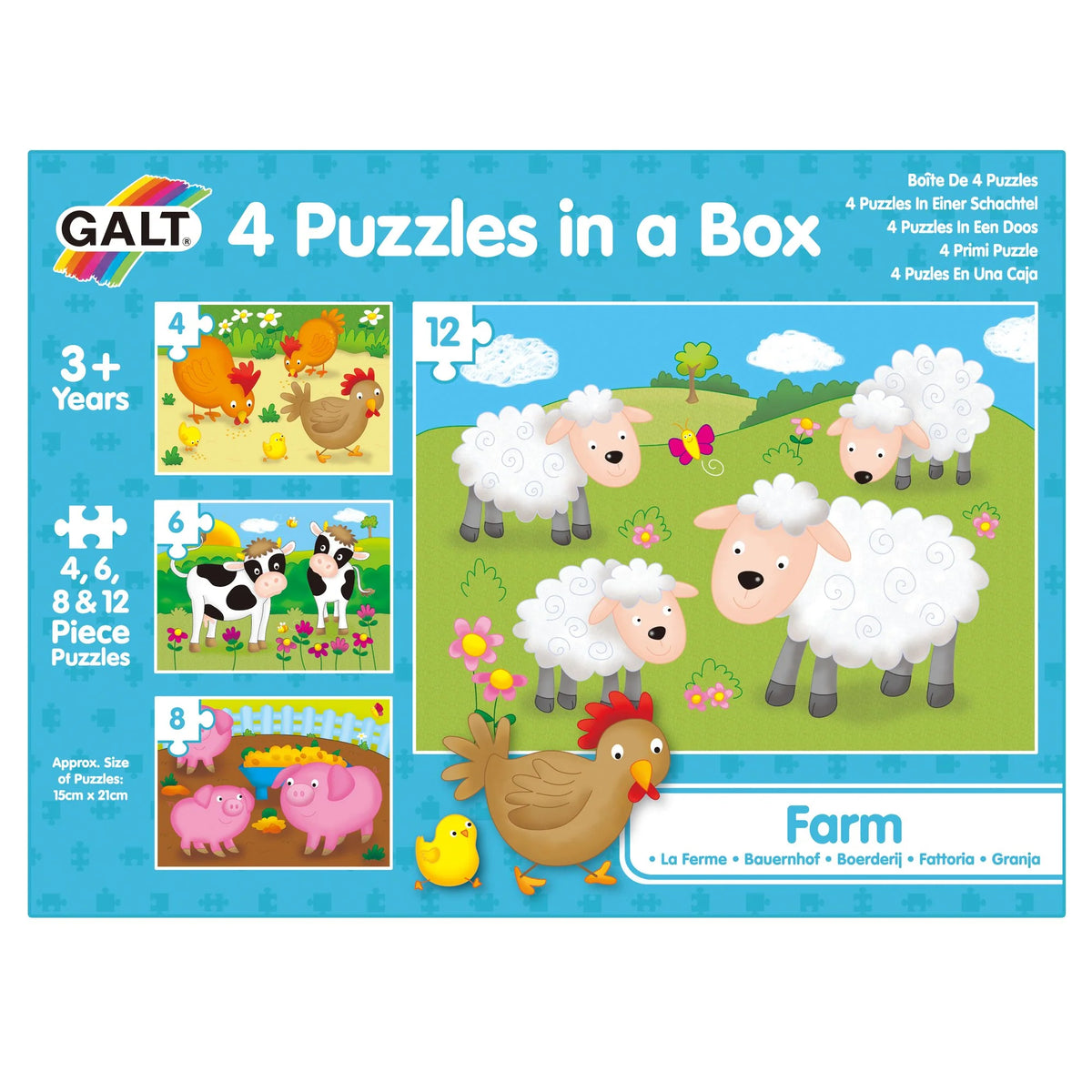 Galt 4 Puzzles in a Box with farm animals on a blue background