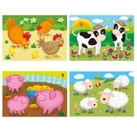 Four panels of cartoon farm animals including chickens, cows, pigs, and sheep on a colorful background.