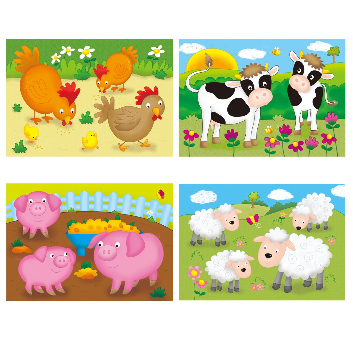 Four panels of cartoon farm animals including chickens, cows, pigs, and sheep on a colorful background.