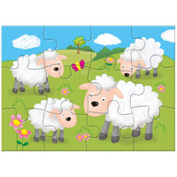 Children's puzzle with cartoon sheep on a grassy field background