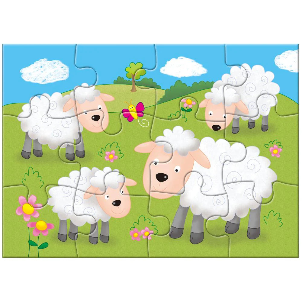 Children's puzzle with cartoon sheep on a grassy field background