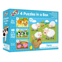 Box of GALT 4 Puzzles in a Box set with farm animal illustrations on a blue background