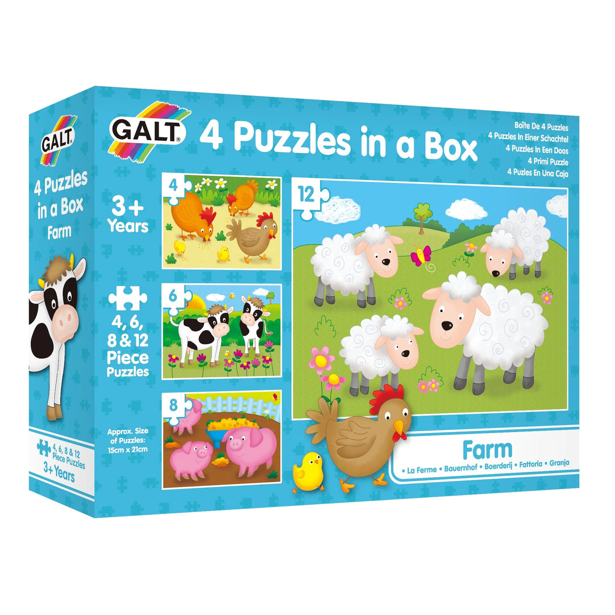 Box of GALT 4 Puzzles in a Box set with farm animal illustrations on a blue background