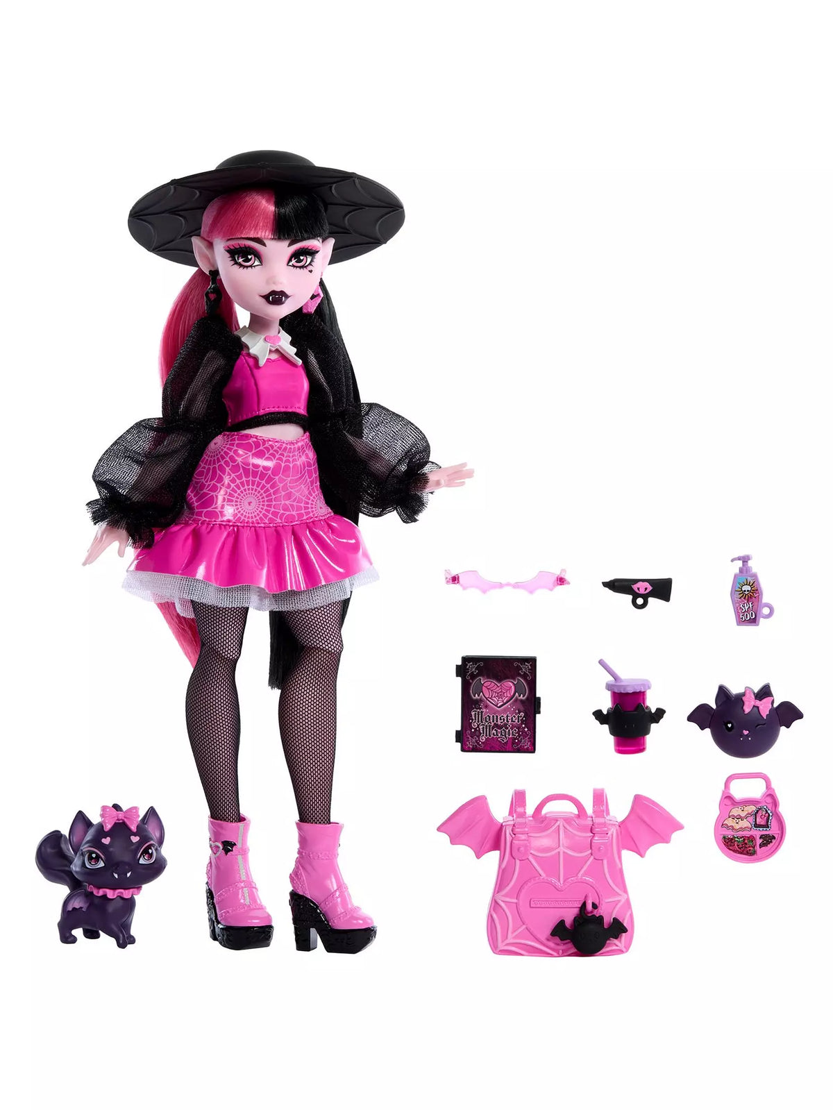pink and black doll with pink and black accessories 