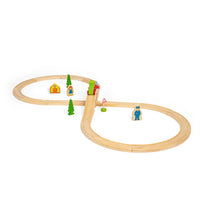 image of wooden figure of eight track with green wooden train on it 