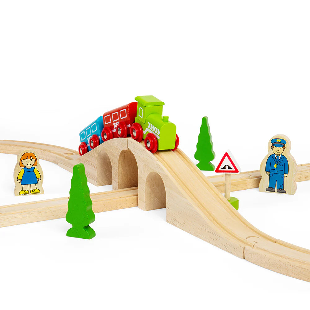 wooden train going over a wooden track with accessories 