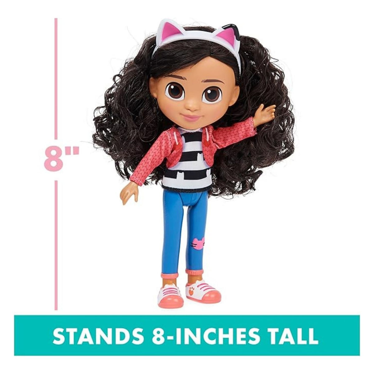 gabby doll against white background, with a graphic showing her length.