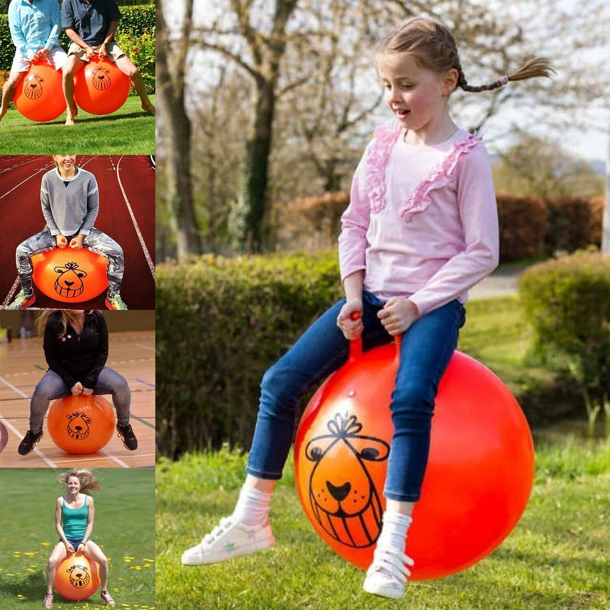 Children playing on large inflatable balls in various settings