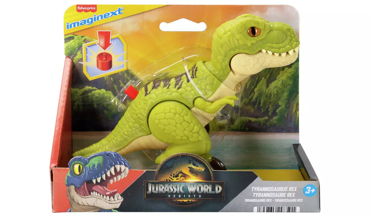 green t-rex toy in packaging on white background 
