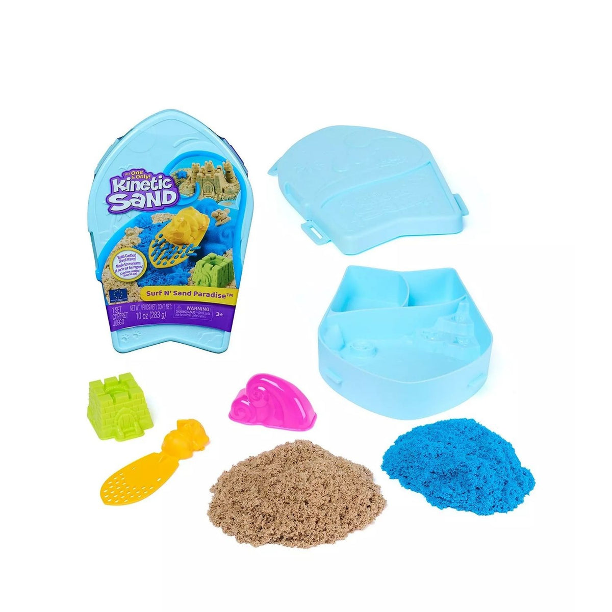 Kinetic sand in retail packaging and open, contents showing on a white background.