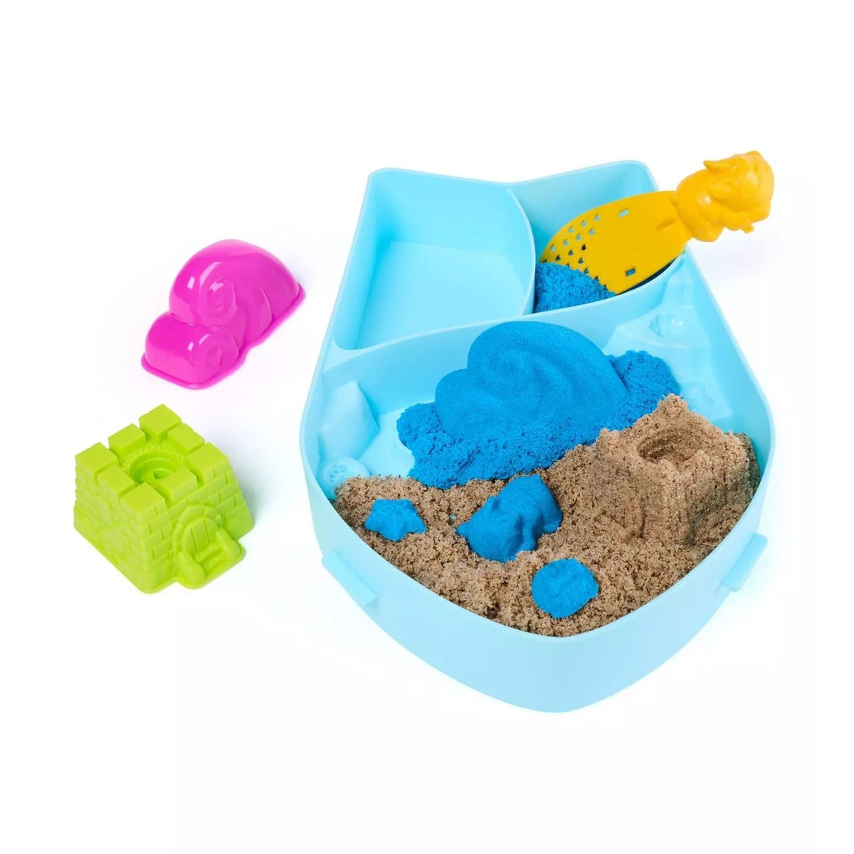 Inside shot of the kinetic sand to show what it comes with and what it looks like.