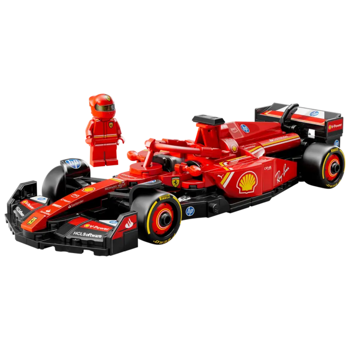 LEGO minifigure in Ferrari racing suit standing beside the SF-24 car.