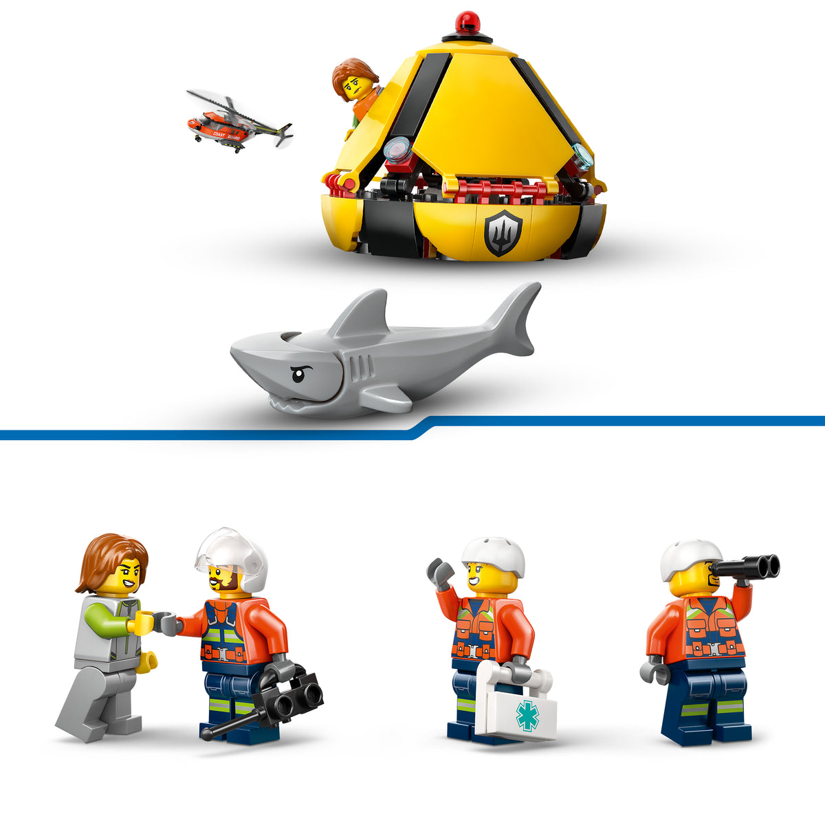 Includes pilot, 2 coast guard members, civillian and shark figures