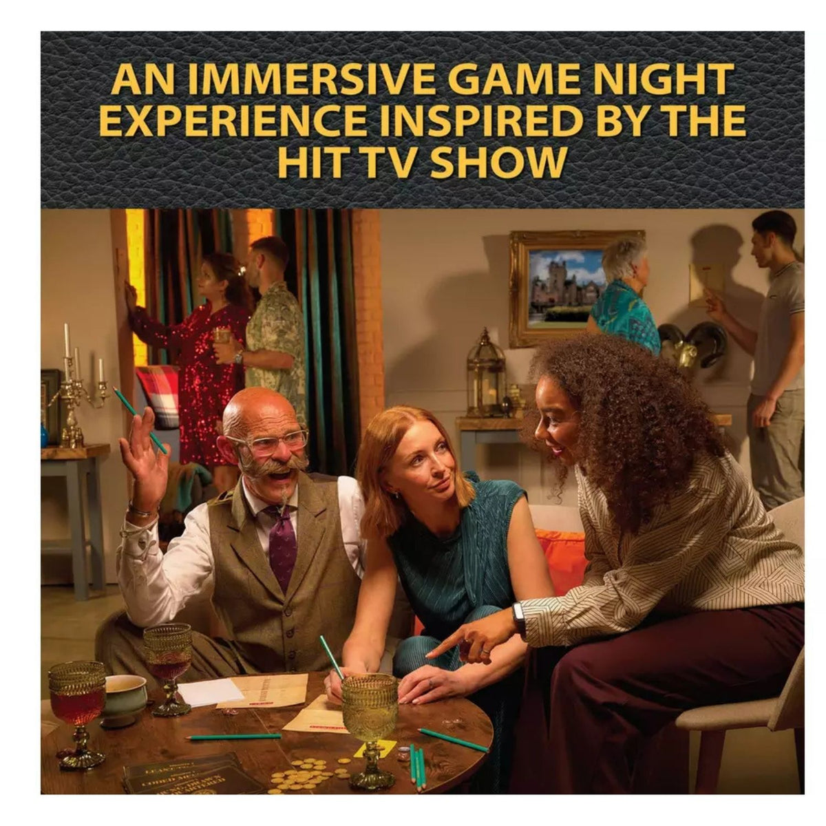 One Night of The Traitors: Castle of Lies Board Game graphic showing the game being played by adults at a party.