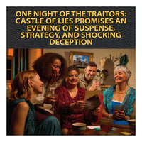 One Night of The Traitors: Castle of Lies Board Game graphic with people around a table playing the game