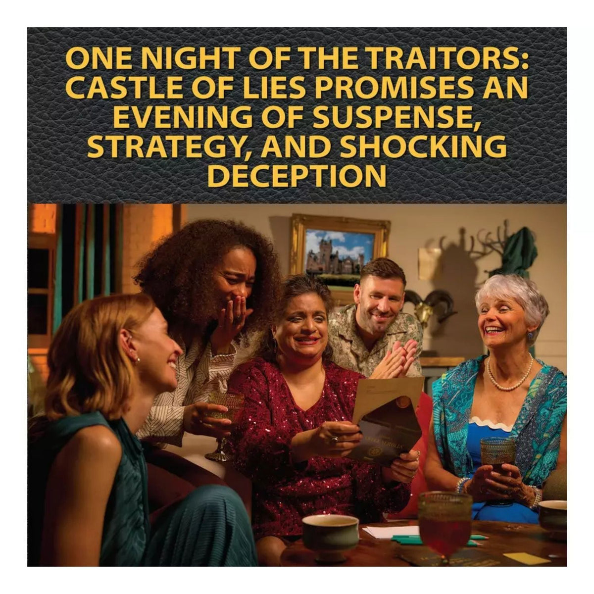 One Night of The Traitors: Castle of Lies Board Game graphic with people around a table playing the game