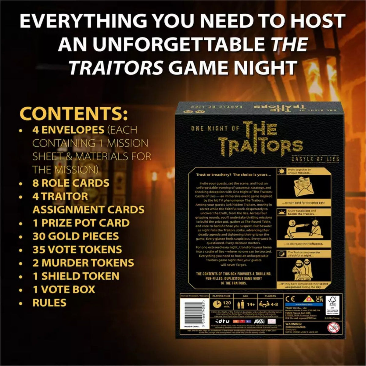 One Night of The Traitors: Castle of Lies Board Game information graphic showing the back of the box 