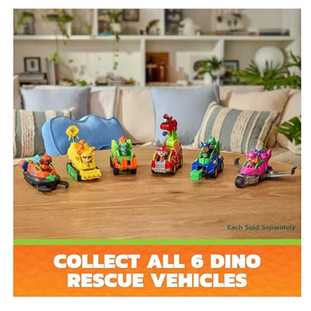 Multiple vehicle figurines on wooden table with text below encouraging you to collect all the rescue vehicles