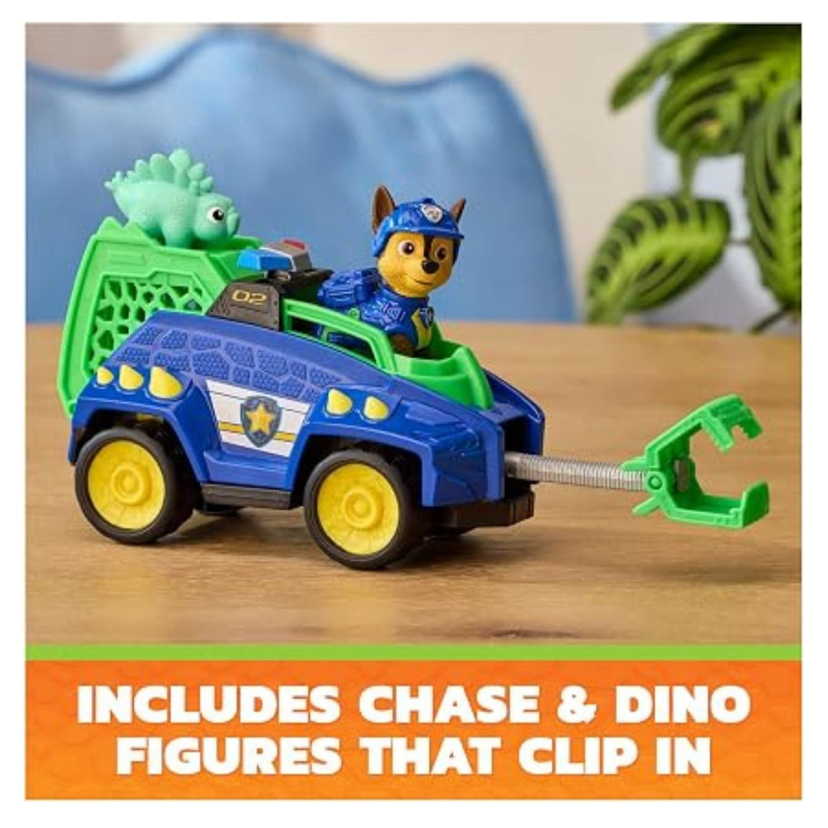 blue vehicle figurine with characters on top