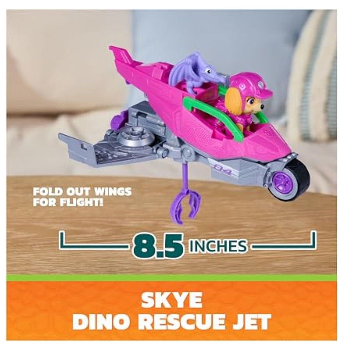Vehicle figurine flying over wooden table with measurements of products showing