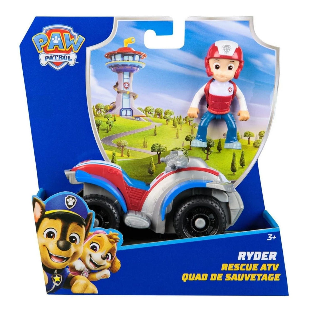 Retail packaging for a Paw patrol vehicle toy with small figurine on white background.