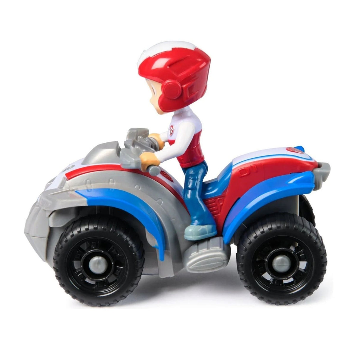 Side view of grey vehicle with figurine on top with white background.
