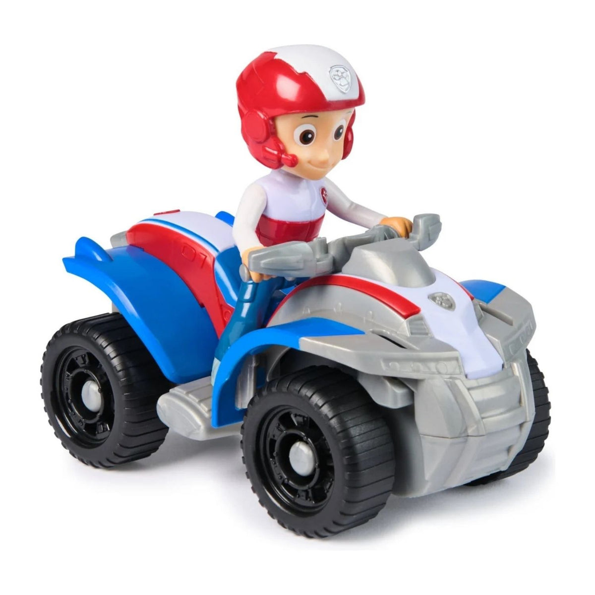 Grey vehicle with character on top with white background.